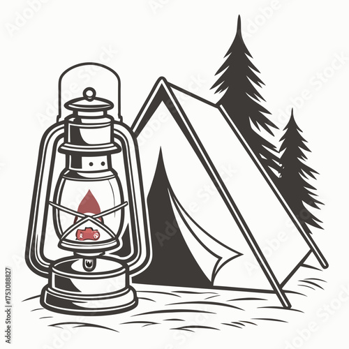 Illustration of a camping scene with a lantern, tent, and pine trees Keywords: camping, tent, lantern, kerosene lamp, pine trees, forest, outdoors, night, adventure, travel, recreation, wilderness