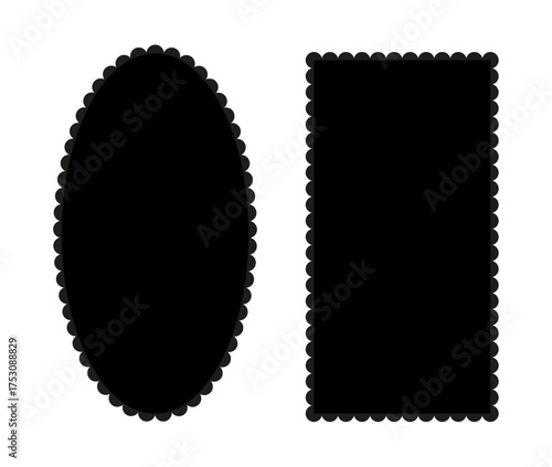 Scalloped backgrounds. Black edge rectangle, ellipse shapes. Simple backdrops. Label flat forms. Silhouette lace frames. Elements for tag, stickers, badges, banners, posters.