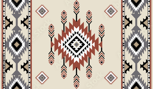 Seamless geometric ethnic pattern inspired by Native American tribal fabric. Traditional Aztec and Navajo style carpet and tile vector design on navy blue background. Perfect for textile, wrapping,