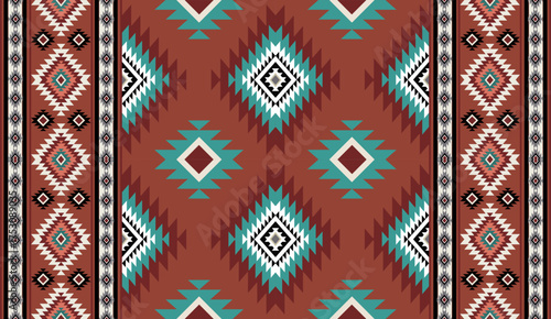 Seamless geometric ethnic pattern inspired by Native American tribal fabric. Traditional Aztec and Navajo style carpet and tile vector design on navy blue background. Perfect for textile, wrapping,