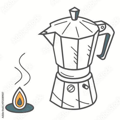 Italian Moka Pot Coffee Maker with Small Flame and Steam Keywords: moka pot, coffee maker, stovetop, espresso, brewing, coffee, hot drink, kitchenware, appliance, steam, flame, heat, cooking
