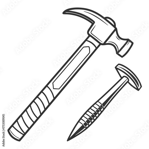 Line art illustration of a claw hammer and a nail punch tool Keywords: tool, hammer, claw hammer, nail punch, carpentry, construction, DIY, repair, metalworking, hardware, equipment, manual