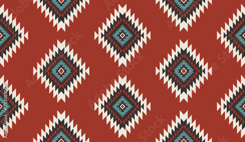 Seamless geometric ethnic pattern inspired by Native American tribal fabric. Traditional Aztec and Navajo style carpet and tile vector design on navy blue background. Perfect for textile, wrapping,