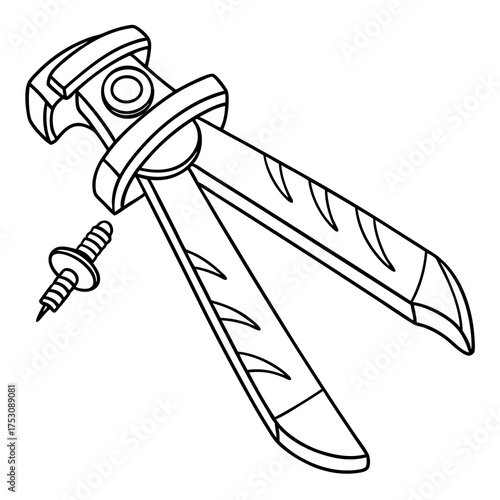Line art illustration of a drywall anchor and screw with a toggle bolt installation tool Keywords: tool, installation, drywall, anchor, screw, toggle bolt, hardware, construction, DIY, repair