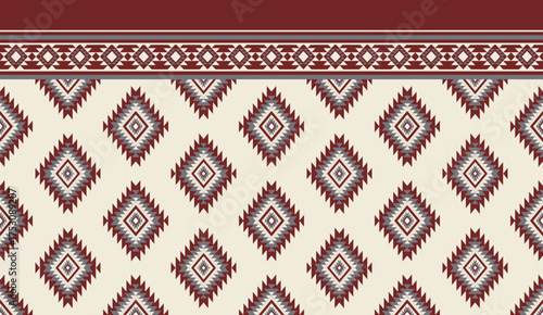 Seamless geometric ethnic pattern inspired by Native American tribal fabric. Traditional Aztec and Navajo style carpet and tile vector design on navy blue background. Perfect for textile, wrapping,