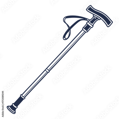 Outline Drawing of a Collapsible Walking Cane with Strap on White Background Keywords: walking cane, stick, support, mobility, aid, elderly, senior, disability, assistance, travel, hiking