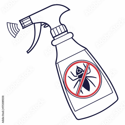 Outline illustration of a spray bottle with an ant symbol crossed out and spray particles Keywords: spray bottle, insecticide, pest control, ant killer, bug spray, extermination, cleaning, hygiene