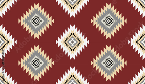 Seamless geometric ethnic pattern inspired by Native American tribal fabric. Traditional Aztec and Navajo style carpet and tile vector design on navy blue background. Perfect for textile, wrapping,