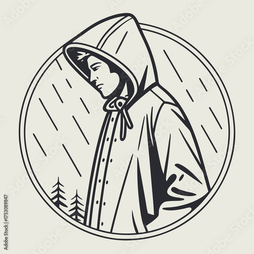 Stylized illustration of a person in a hooded raincoat looking down with rain and trees in the background within a circle Keywords: rain, raincoat, hood, person, man, woman, weather, storm
