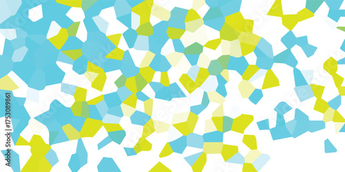 Vibrant abstract mosaic pattern composed of irregular geometric shapes in bright blue, yellow, and white, creating a dynamic and colorful background for creative design