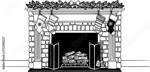 Vintage black and white illustration of a fireplace with stockings. The set features decorative elements like a stone mantle and plants in a cozy setting