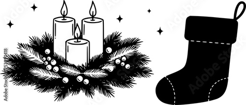 Christmas holiday decorative elements including a candle wreath and stocking silhouette

