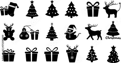 Black and white christmas themed vector image with candy canes stockings and christmas tree decorations | editable eps vectors silhouette
