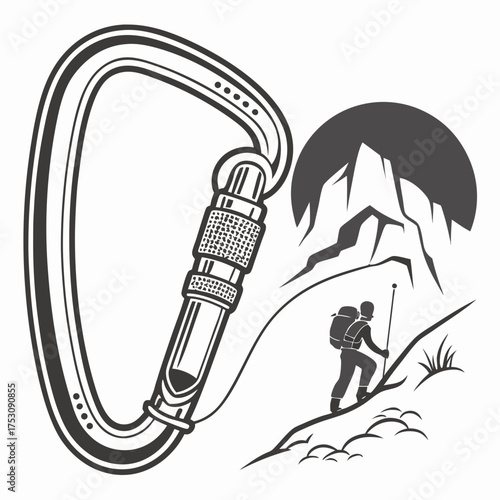 A large carabiner clip is superimposed over a silhouette of a mountain climber ascending a steep slope Keywords: carabiner, climbing, mountaineering, rock climbing, gear, equipment, safety