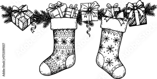 Decorative Christmas stocking silhouettes vector art. Black and white Christmas stocking silhouettes vector. Christmas stocking silhouettes set with snowflakes. Vector Christmas stocking silhouettes