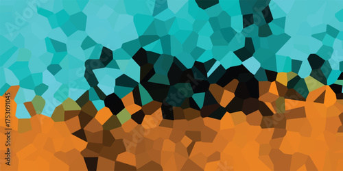 Abstract geometric mosaic with vibrant orange and turquoise polygonal shapes against a dark background, suggesting a landscape or abstract art