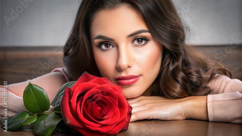 Young woman with long hair resting her head on hands beside rose  
