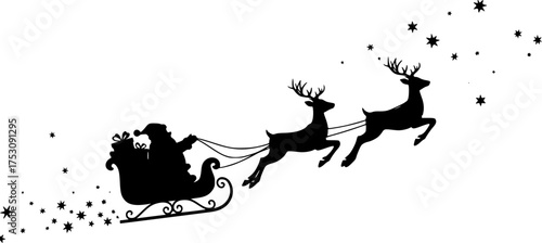 Santa Claus sleigh silhouette vector, flying reindeer pulling gift-loaded sleigh with stars, black Christmas illustration on white background, isolated festive artwork for stock 