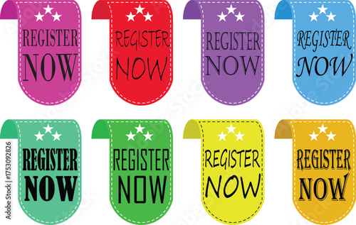 Register Now banner icon set. Registration web buttons. Vector buttons for registration in services, blogs, websites. User interface web buttons in flat style for UI, mobile app, web.