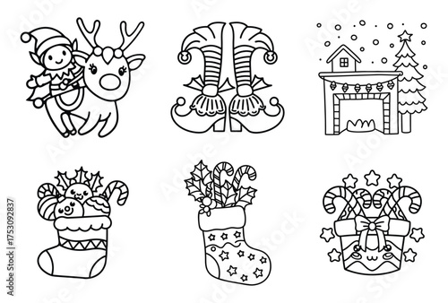 Assortment of six delightful outline illustrations showing an elf riding a reindeer, jingle bell elf shoes, a fireplace scene, and stockings filled with seasonal items for festive projects.