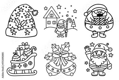 Collection of six festive outline images including a starry winter hat, a house with Santa, Santa Claus holding a present and waving, a sleigh with gifts, and decorative jingle bells.