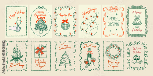 Hand drawn Christmas poster set. Retro vintage New Year doodle illustrations in minimalist line art style with holiday wreath, bows, candle, gifts, and martini glass. Festive coquette vector design	