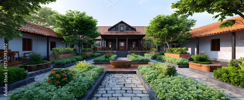 The ashram courtyard invites calm serenity through its soothing meditation spaces and timeless architecture