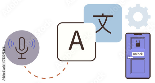 Microphone icon, letters A and translation symbol, gear, and unlocked door icon represent voice recognition, language translation, accessibility, and technology innovation. Ideal for AI tools