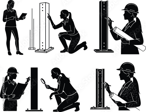 Construction engineer, safety inspector, blueprint analysis, structural column inspection, professional worker silhouette, site evaluation, architecture planning, industrial engineering