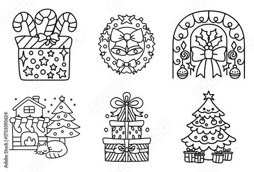 Winter Holiday Line Art Gift Box with Candy Canes Wreath with Bells Holly Arch Fireplace Cat with Tree and Stacked Presents Set, Christmas Coloring Page