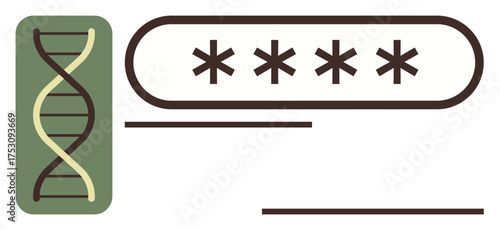 DNA strand in green rectangle next to password placeholder with asterisks, symbolizing data security, genetic information, and biometrics. Ideal for technology, bioinformatics, cybersecurity