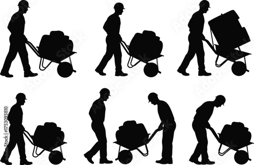 Construction worker pushing wheelbarrow silhouette set, helmet safety labor posture, heavy load handling, industrial equipment, vector illustration for site work, tools