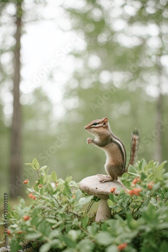 Chipmunk standing on mushroom in lush forest setting during overcast day