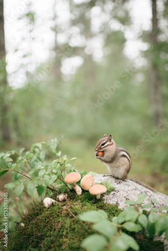 Chipmunk enjoying a snack in a lush forest setting surrounded by mushrooms