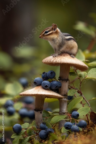 Chipmunk sits on mushroom surrounded by ripe blueberries in a forest scene during the fall season