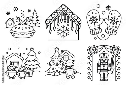 Christmas Coloring Page , Winter Black and white illustration, holiday line art