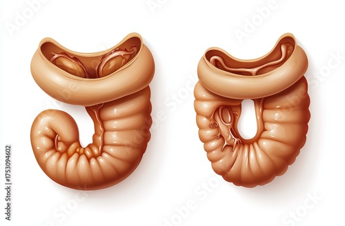 Wallpaper Mural Two detailed anatomical illustrations of a section of the digestive system, depicting a coiled and a straight view of the organ, presented in a realistic 3D style against a plain white background Torontodigital.ca