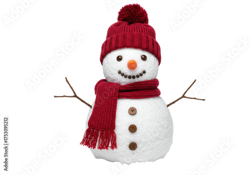 Festive snowman with red hat and scarf isolated on transparent background, winter holiday decoration in PNG format