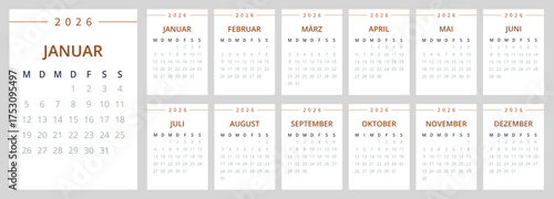 Germany 2026 calendar grid template set of 12 month vertical pages. Layout deutsch planner for the year. Week start on Monday
