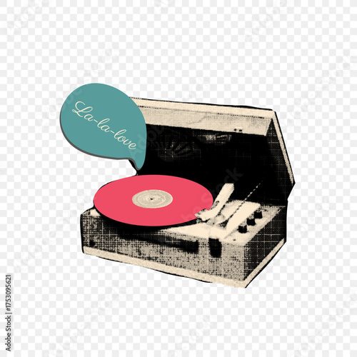 Retro art collage with halftone vintage turntable and red vinyl record. Trendy cut out sticker with dotted texture. Modern mixed media vector illustration on transparent background.