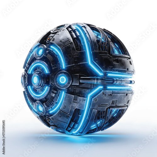 Futuristic spherical drone with glowing blue lights and intricate mechanical details on a white background