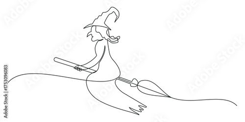 A scary old witch or hag sitting on a broom — a Halloween folklore character. Minimalist continuous one-line vector line art illustration.