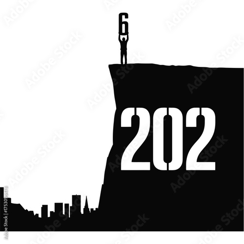 Man standing on cliff edge with 202 number and city silhouette