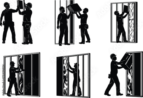 Construction workers installing insulation, wall framing process, batt insulation placement, home improvement, energy efficiency, silhouette vector, black and white illustration