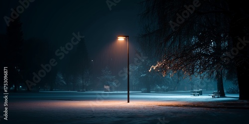 Snowy park scene at night with lamp illuminating peaceful surroundings