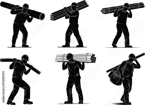 Construction workers silhouette vector, carrying building materials, labor poses, industrial tools, construction site illustration, black figures, editable stock graphic