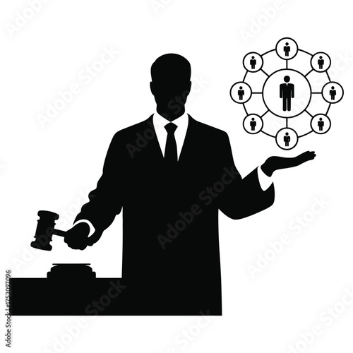 Lawyer presents network of people and gavel