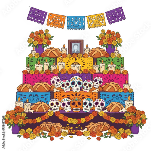 Vibrant multi-tiered ofrenda decorated with colorful flowers, skulls, and marigolds for Day of the Dead celebration on a white background.