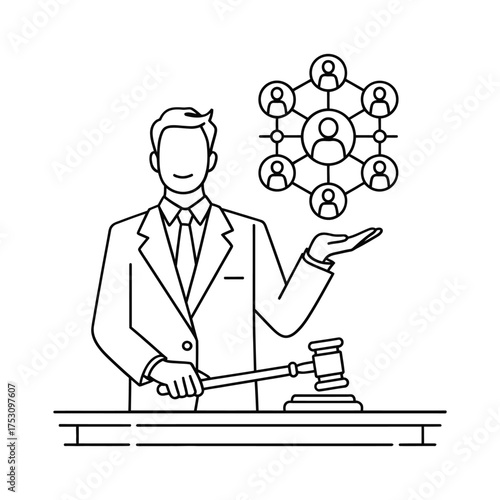 Lawyer presenting network of people with gavel and judge s bench