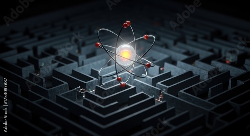 Glowing Atomic Structure Center of Dark Stone Maze with Small Figures Navigating Paths